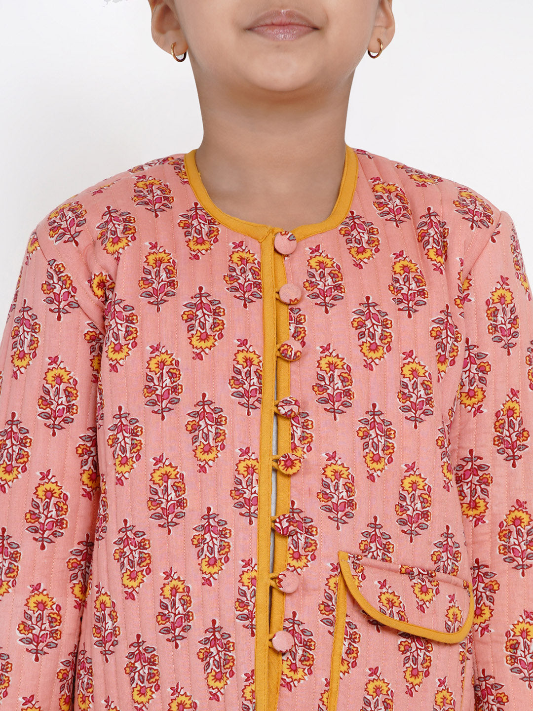 Girls Peach & Mustard Yellow Printed Open Front Jacket - Bitiya By Bhama