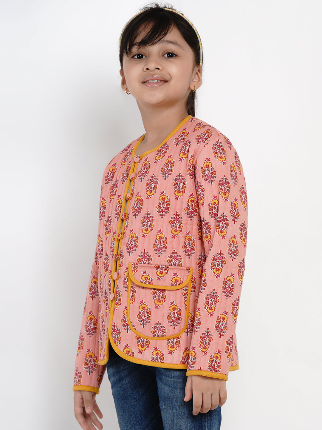 Girls Peach & Mustard Yellow Printed Open Front Jacket - Bitiya By Bhama