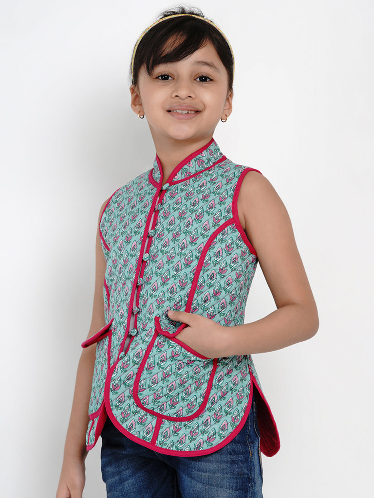 Girls Green & Pink Printed Tailored Jacket