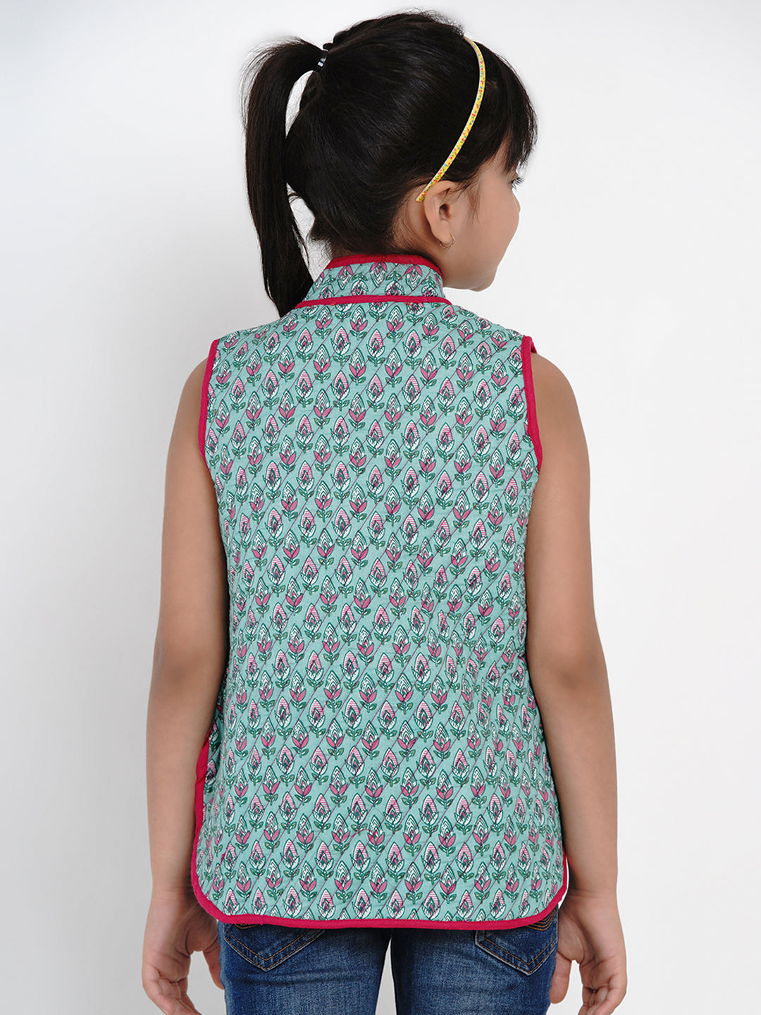 Girls Green & Pink Printed Tailored Jacket - Bitiya By Bhama
