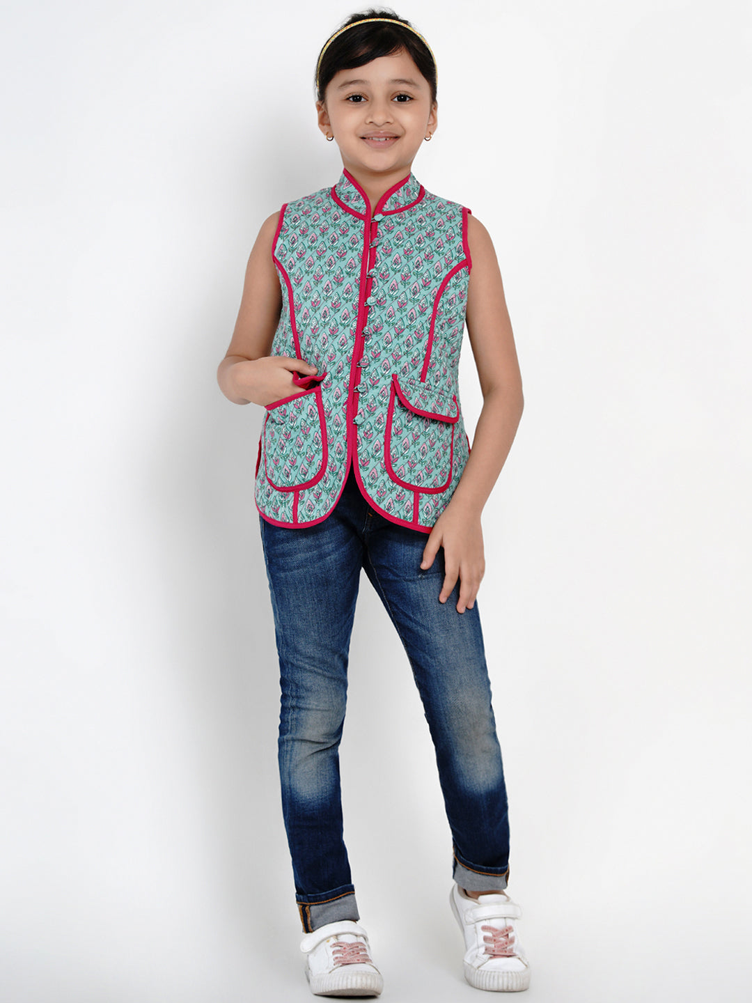 Girls Green & Pink Printed Tailored Jacket - Bitiya By Bhama