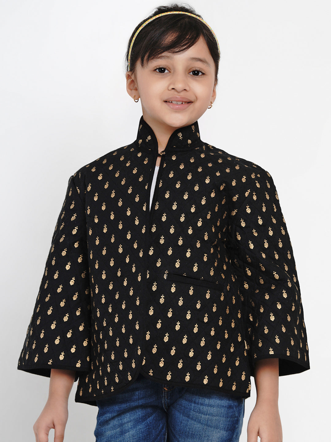 Girls Black & Gold Self Design Tailored Jacket - Bitiya By Bhama
