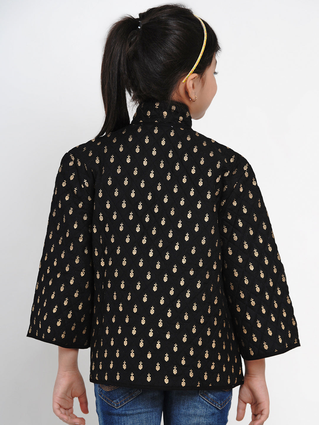 Girls Black & Gold Self Design Tailored Jacket - Bitiya By Bhama