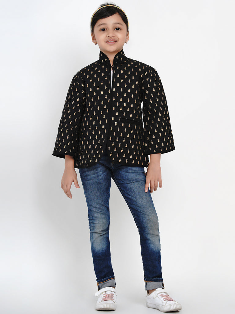 Girls Black & Gold Self Design Tailored Jacket