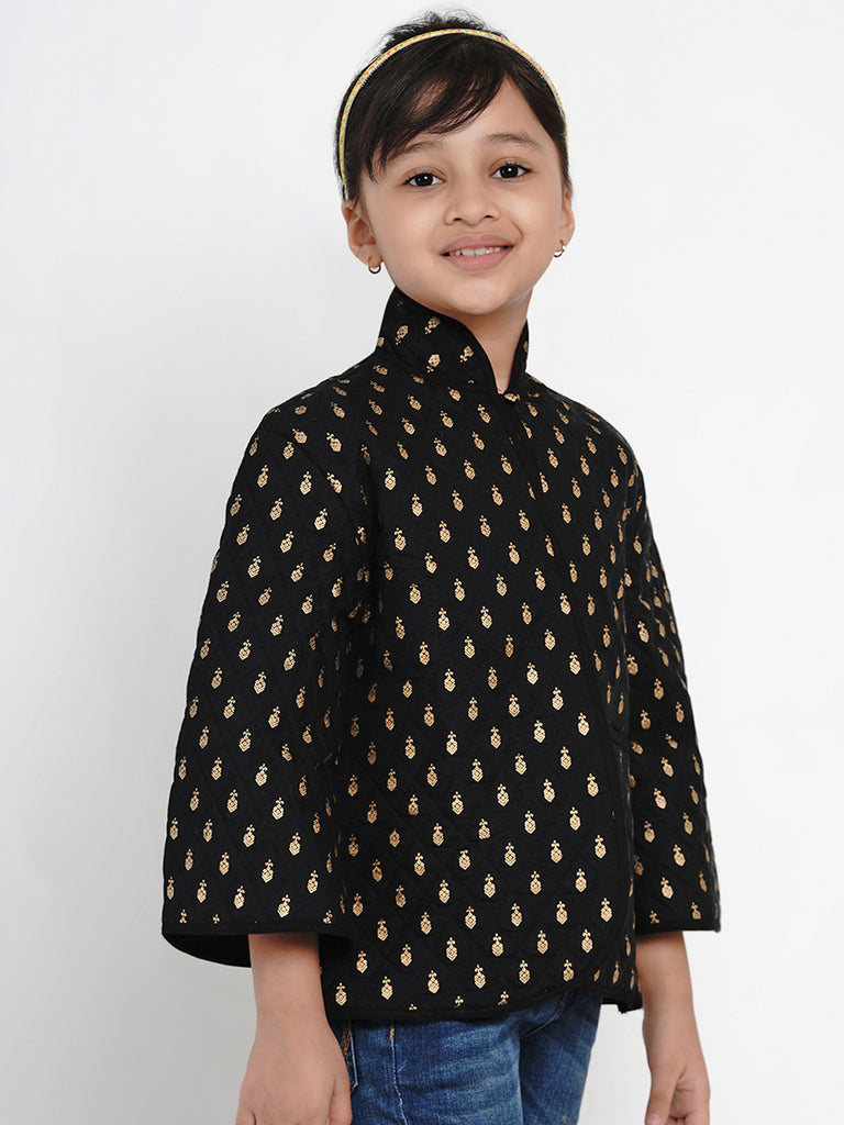 Girls Black & Gold Self Design Tailored Jacket