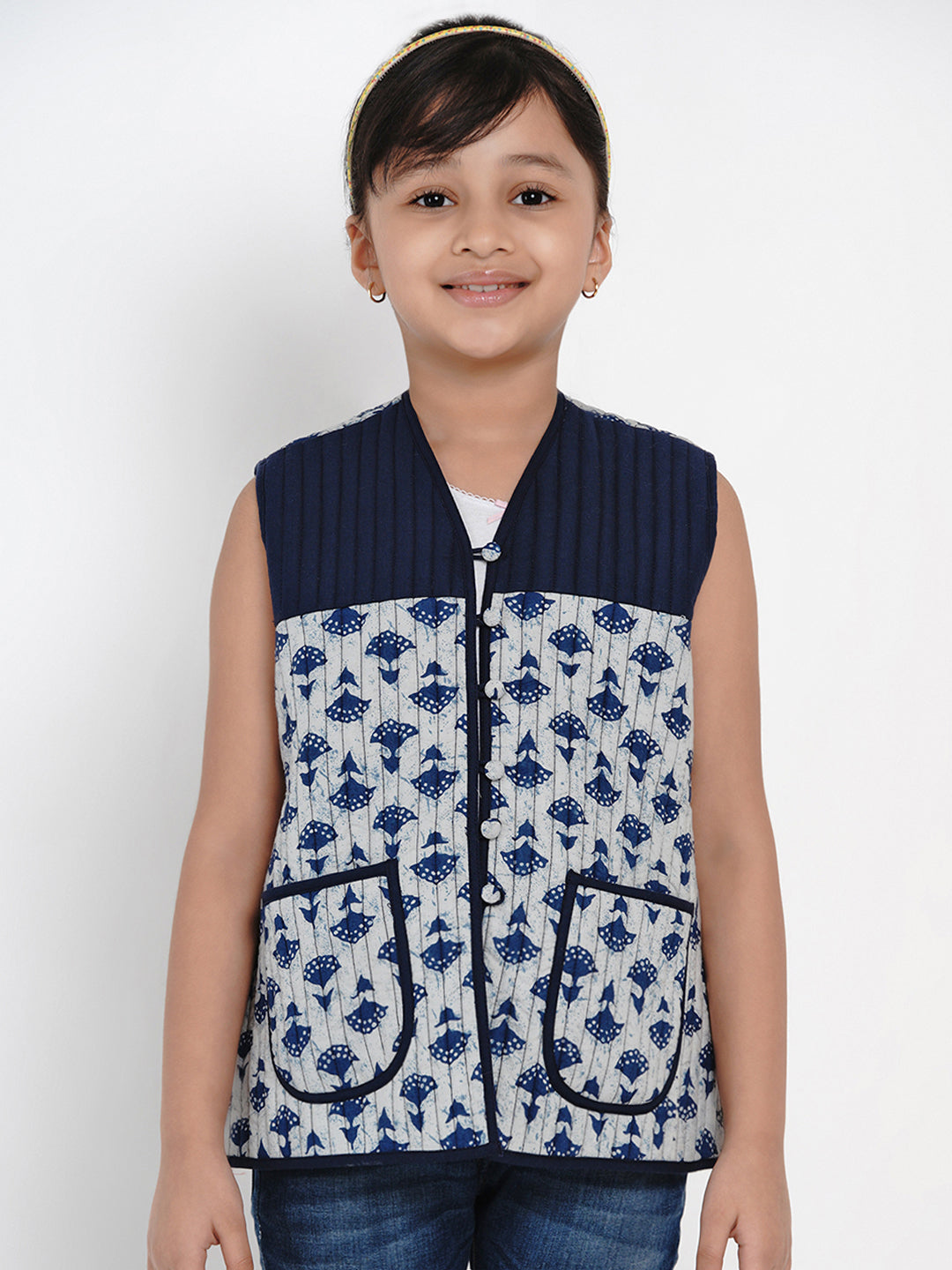 Girls Blue Printed Tailored Jacket - Bitiya By Bhama