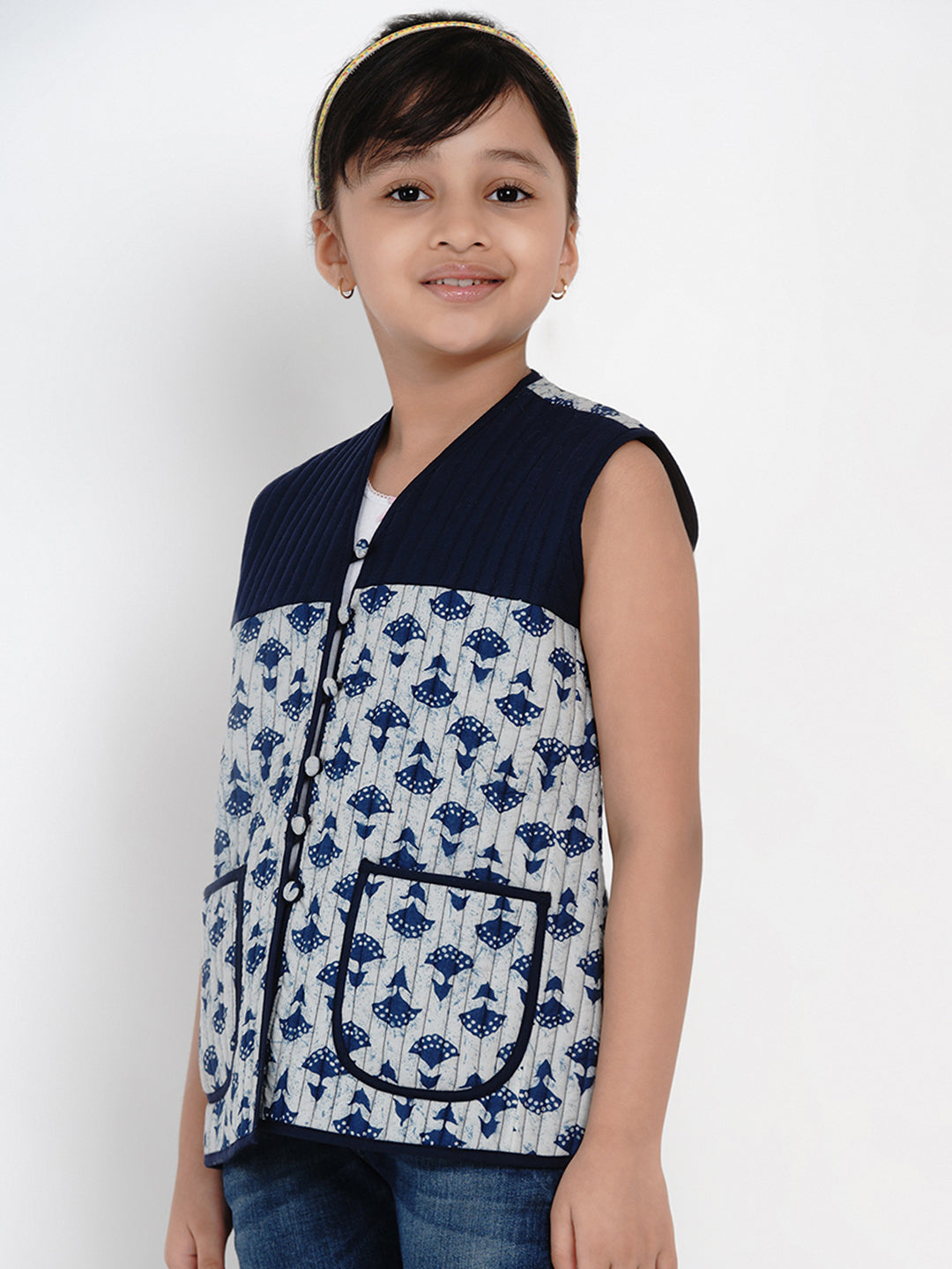 Girls Blue Printed Tailored Jacket - Bitiya By Bhama