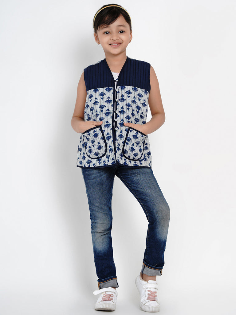 Girls Blue Printed Tailored Jacket