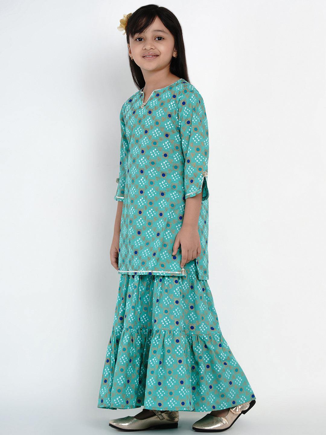 Girl's Sea Green Bandhej Printed Kurta With Sharara - Bitiya By Bhama