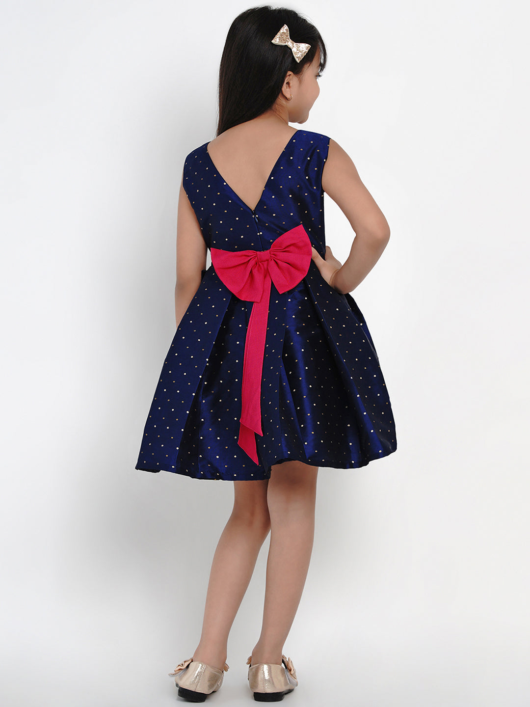Girl's Navy Blue Woven Design A-Line Fit And Flare Dress - Bitiya By Bhama