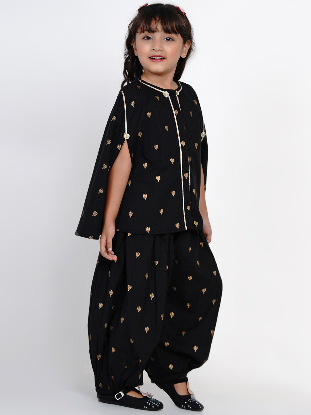 Girl's Black & Gold-Toned Self Design Tunic With Dhoti Pants - Bitiya By Bhama