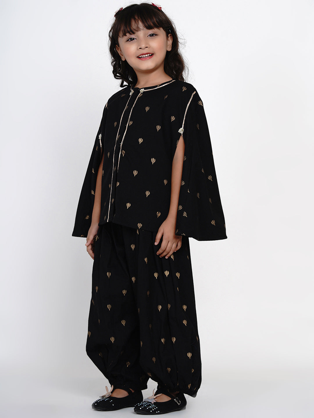 Girl's Black & Gold-Toned Self Design Tunic With Dhoti Pants - Bitiya By Bhama