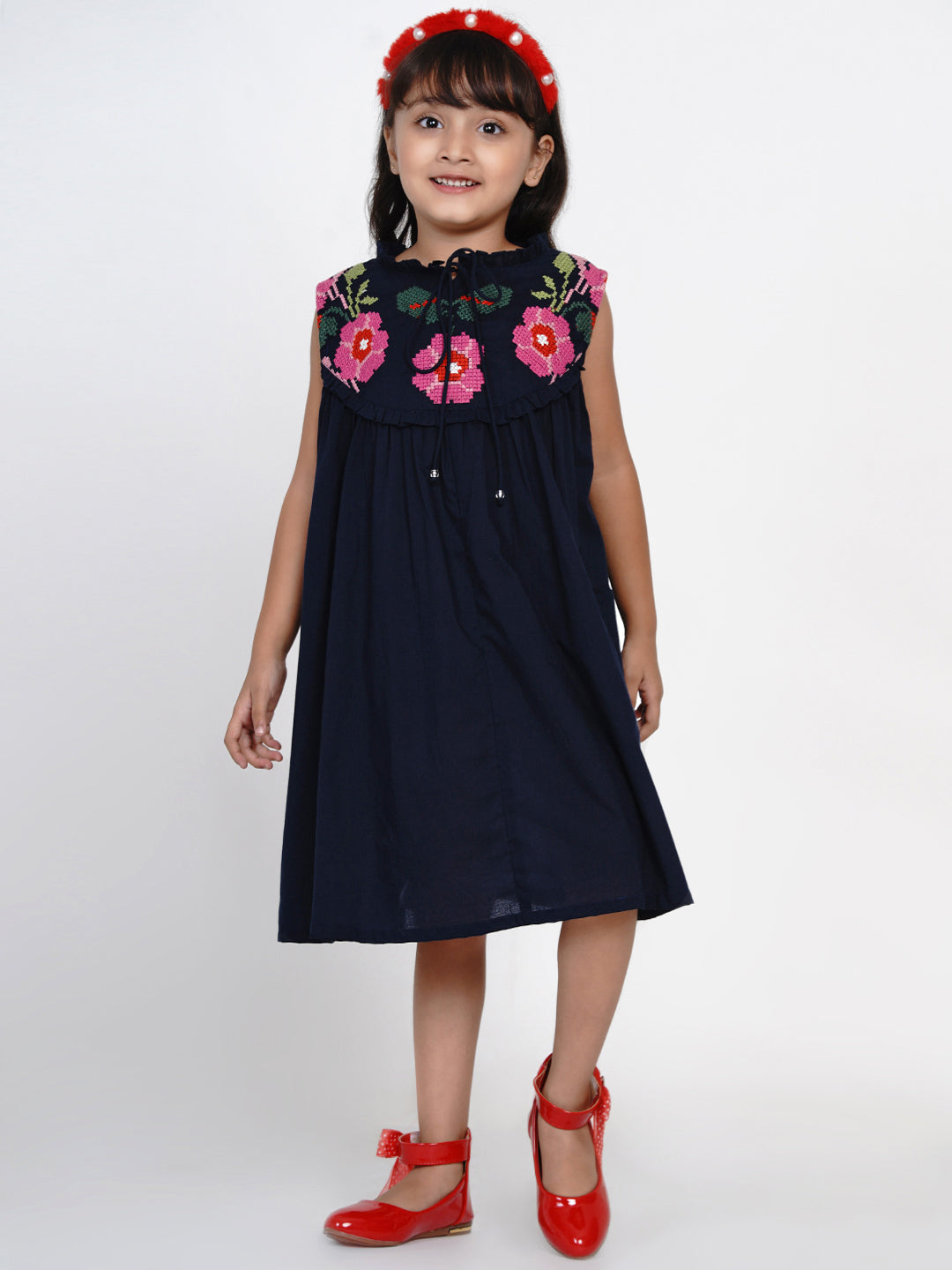 Girl's Navy Blue Solid Fit And Flare Dress - Bitiya By Bhama