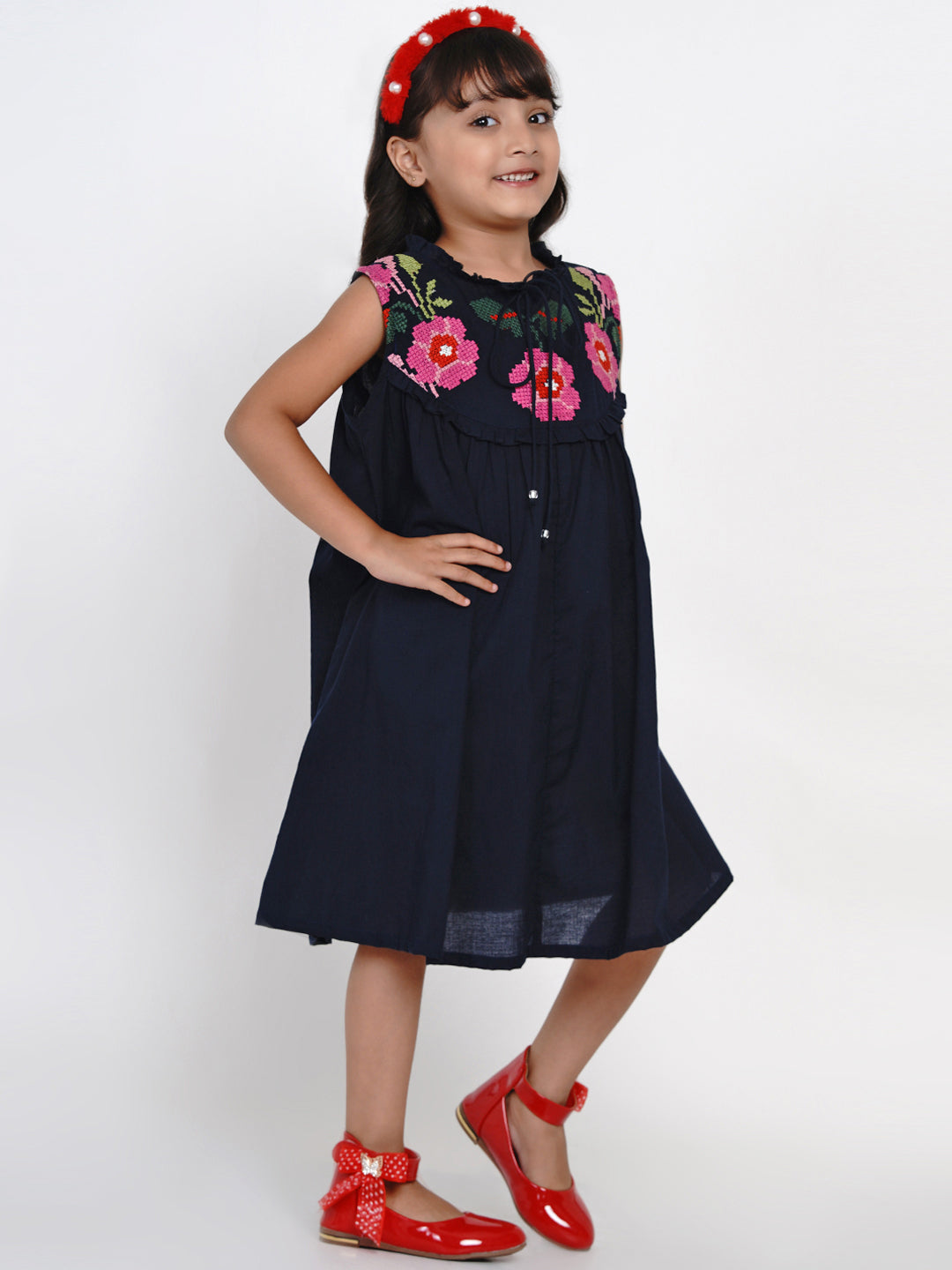 Girl's Navy Blue Solid Fit And Flare Dress - Bitiya By Bhama