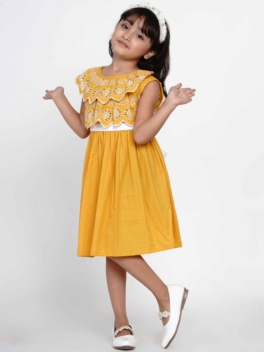 Girl's Mustard Shiffli Dress - Bitiya By Bhama