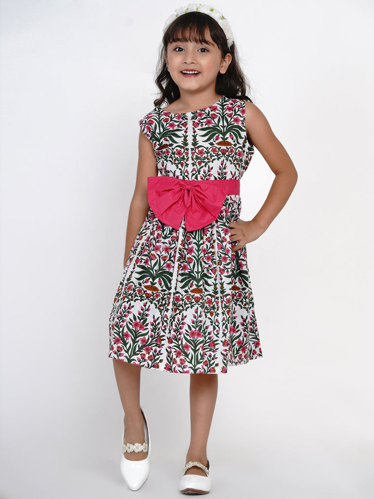 Girl's White & Pink Printed Fit And Flare Dress