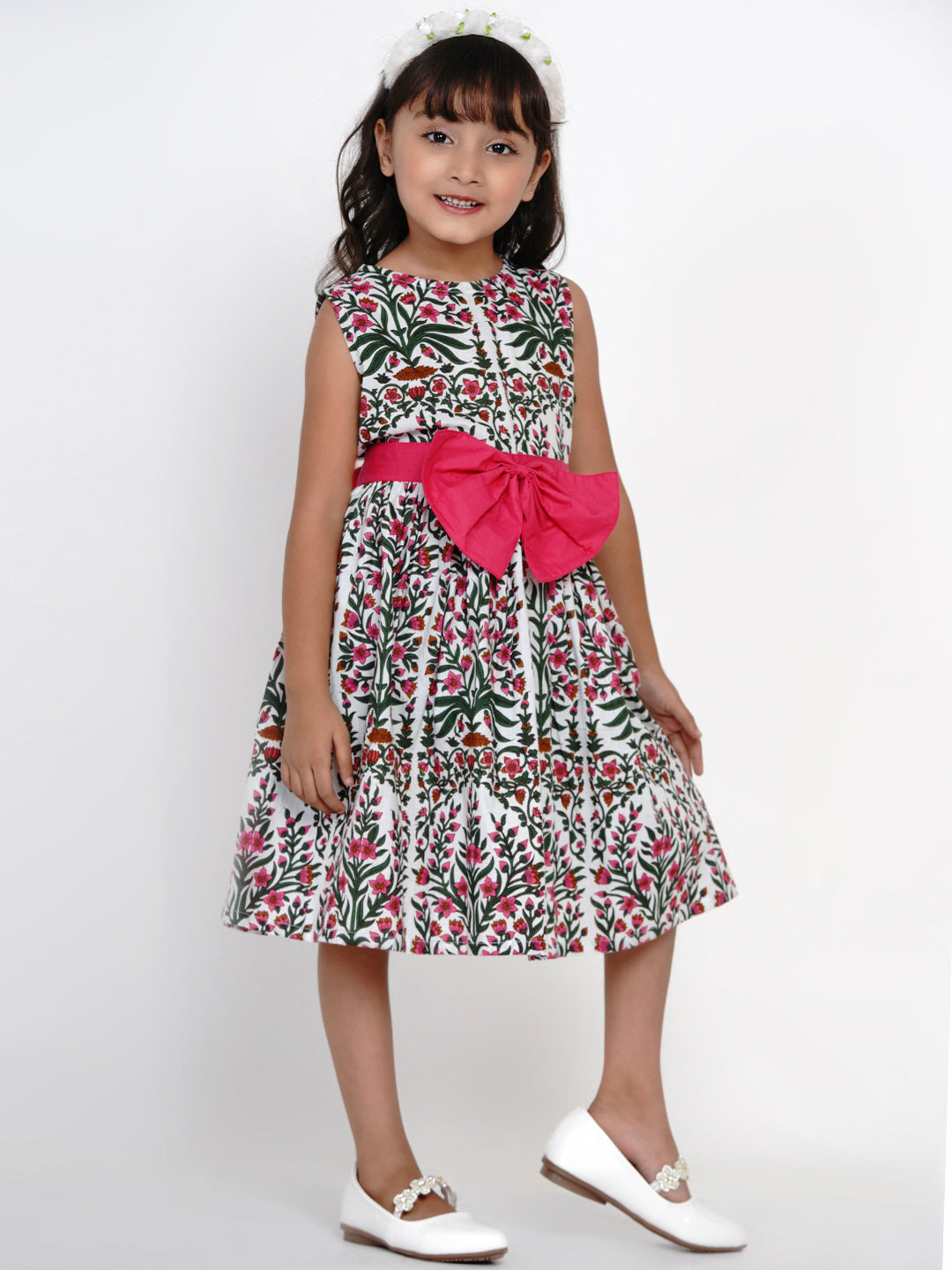 Girl's White & Pink Printed Fit And Flare Dress - Bitiya By Bhama