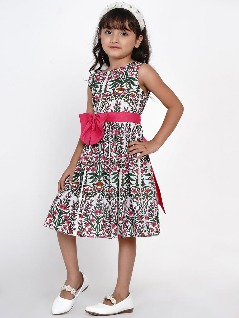 Girl's White & Pink Printed Fit And Flare Dress