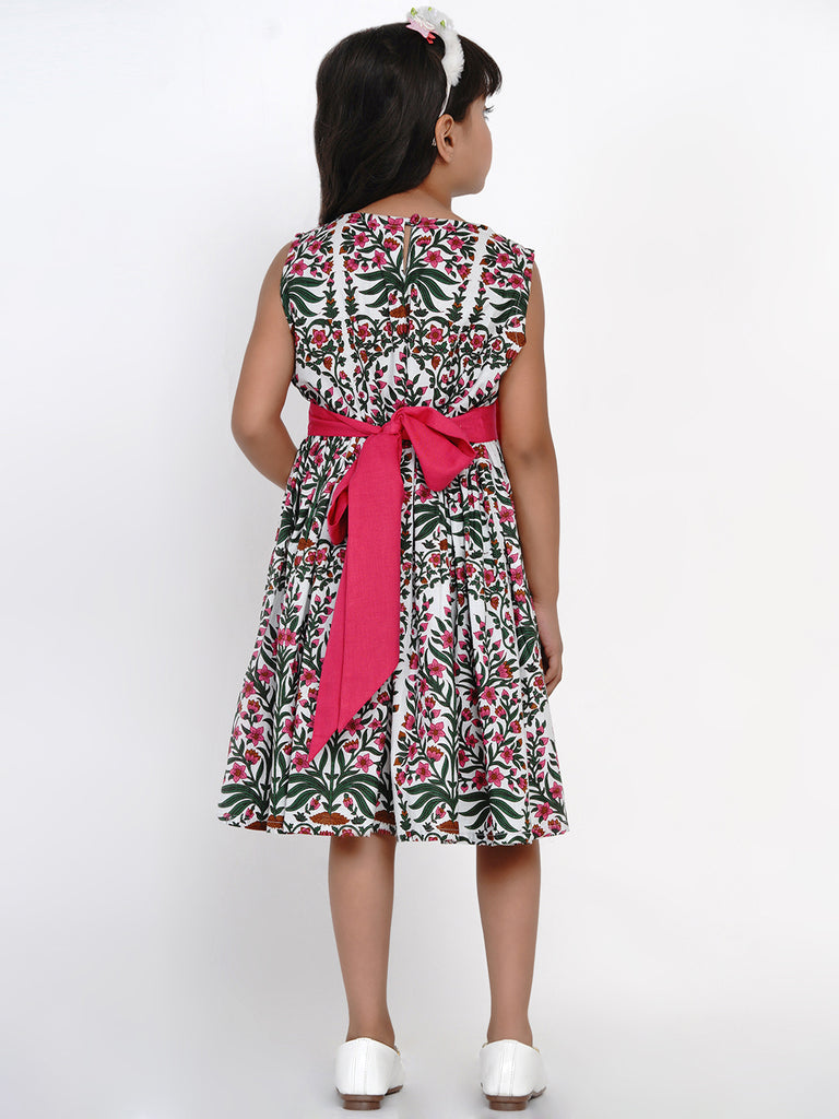 Girl's White & Pink Printed Fit And Flare Dress