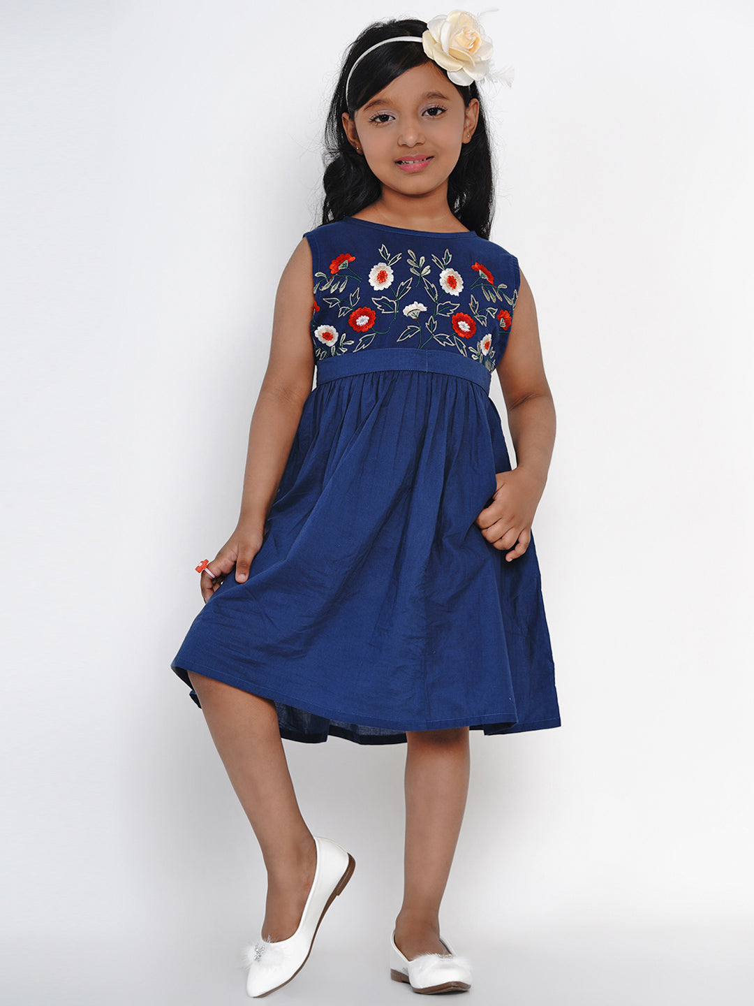 Girl's Blue Embroidered Fit And Flare  Dress - Bitiya By Bhama
