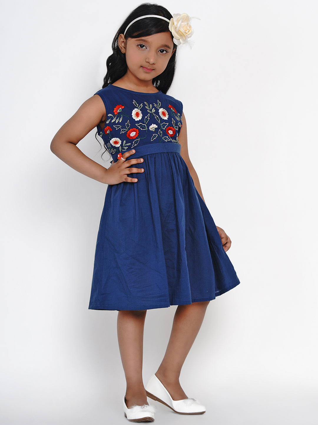 Girl's Blue Embroidered Fit And Flare  Dress - Bitiya By Bhama