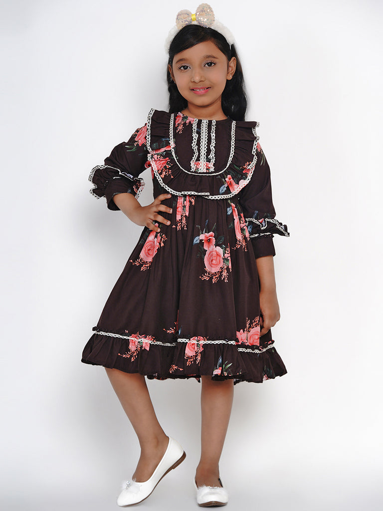 Girl's Black Floral Printed Crepe Fit And Flare Dress
