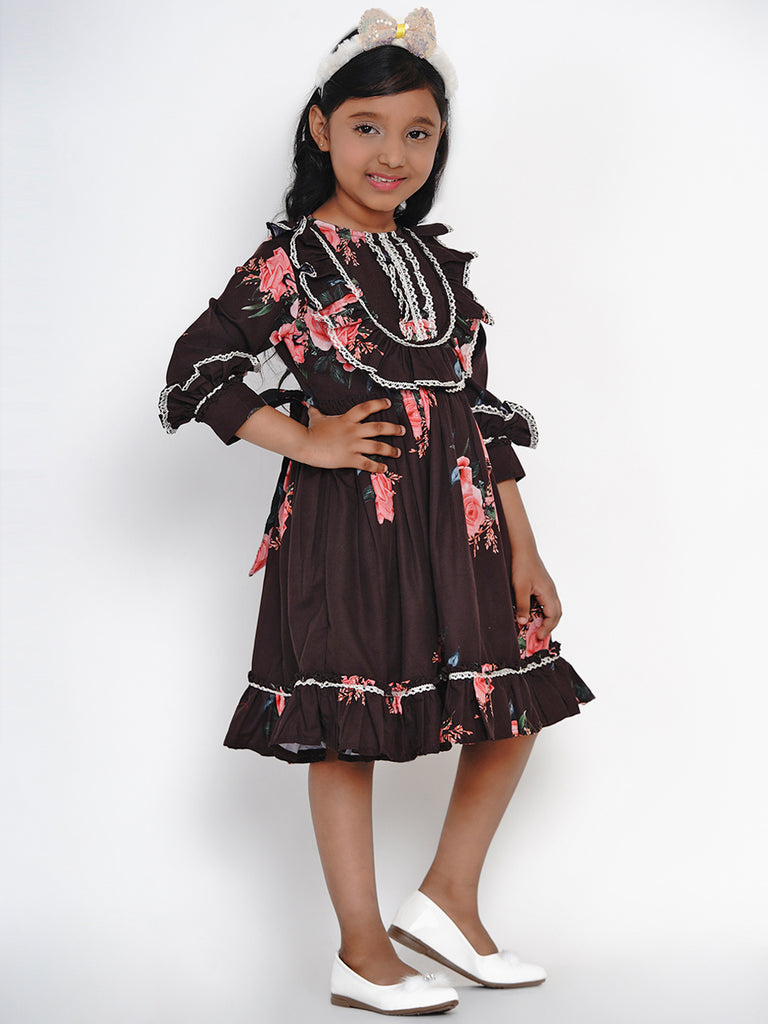Girl's Black Floral Printed Crepe Fit And Flare Dress