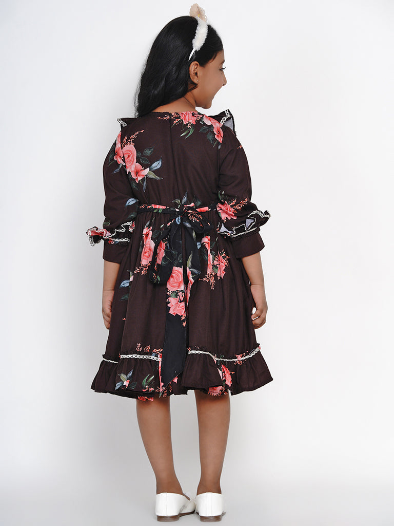 Girl's Black Floral Printed Crepe Fit And Flare Dress