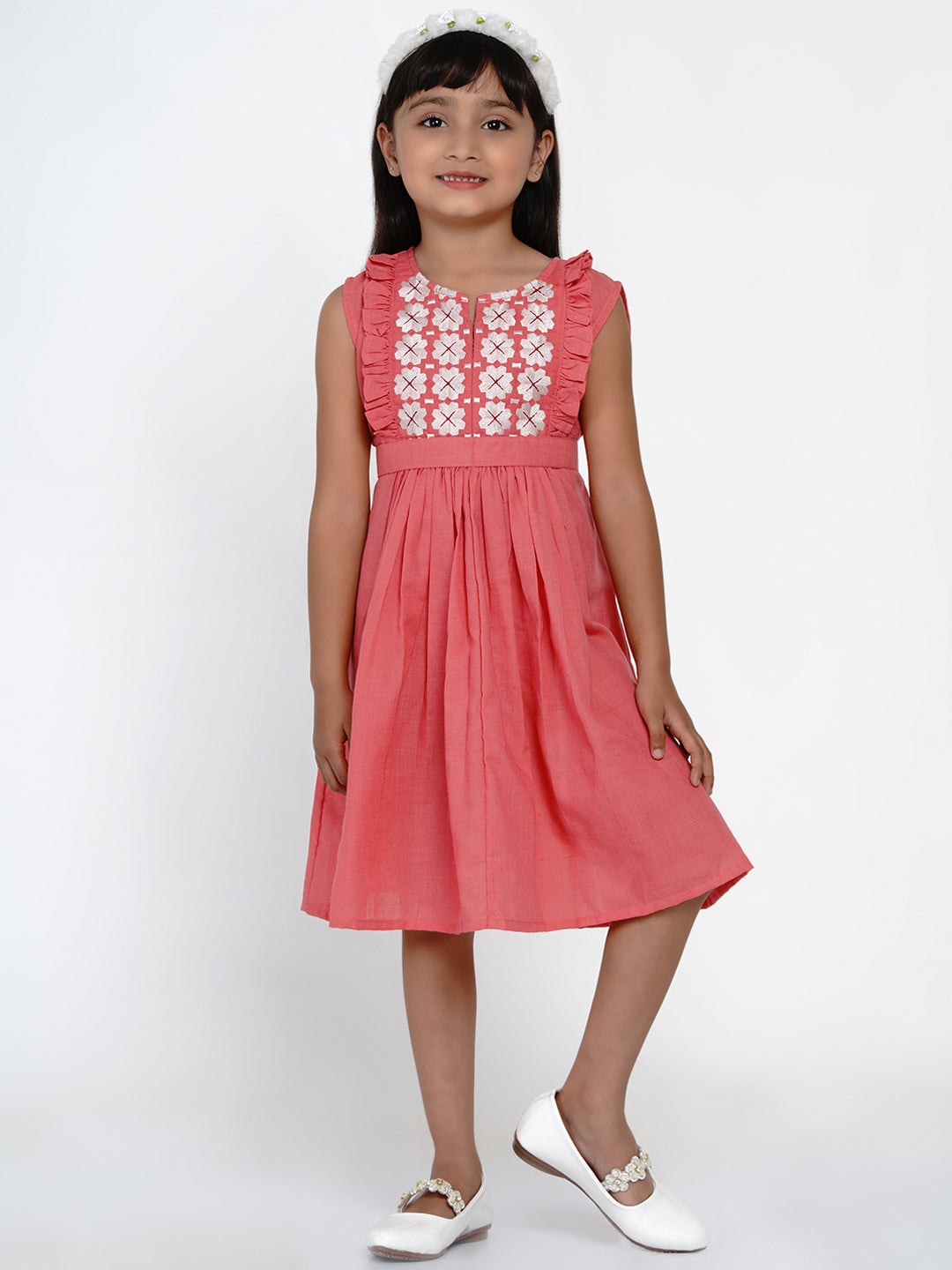 Girl's Peach-Coloured Embroidered Fit And Flare Dress - Bitiya By Bhama