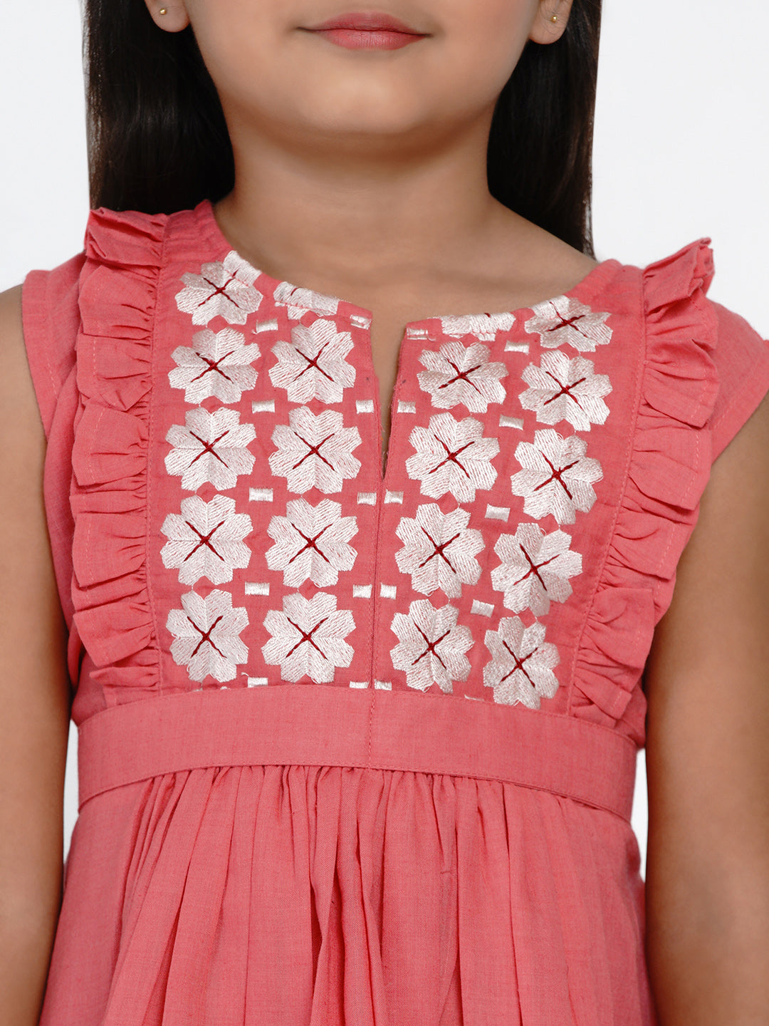 Girl's Peach-Coloured Embroidered Fit And Flare Dress - Bitiya By Bhama