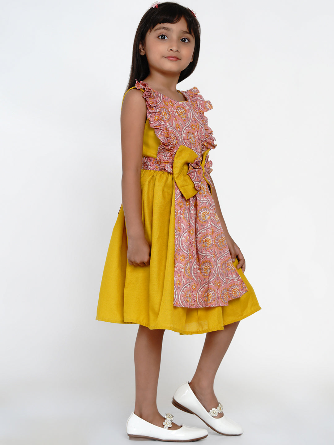 Girl's Yellow & Pink Floral Printed Cotton Layered Fit And Flare Dress - Bitiya By Bhama