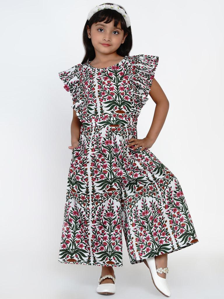 Girl's Multicoloured Floral Printed Basic Jumpsuit