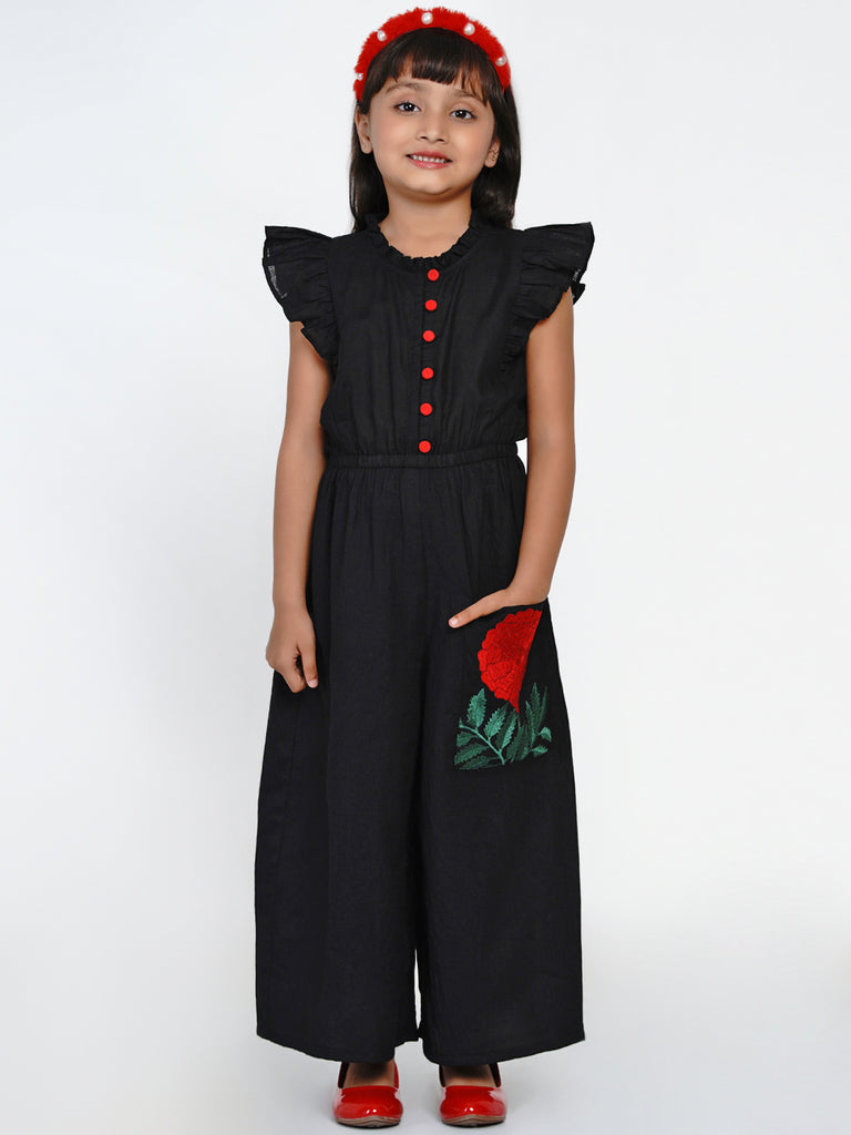 Girl's Black & Red Solid Basic Jumpsuit