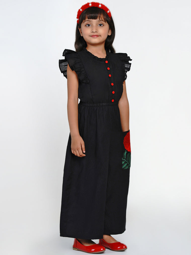 Girl's Black & Red Solid Basic Jumpsuit