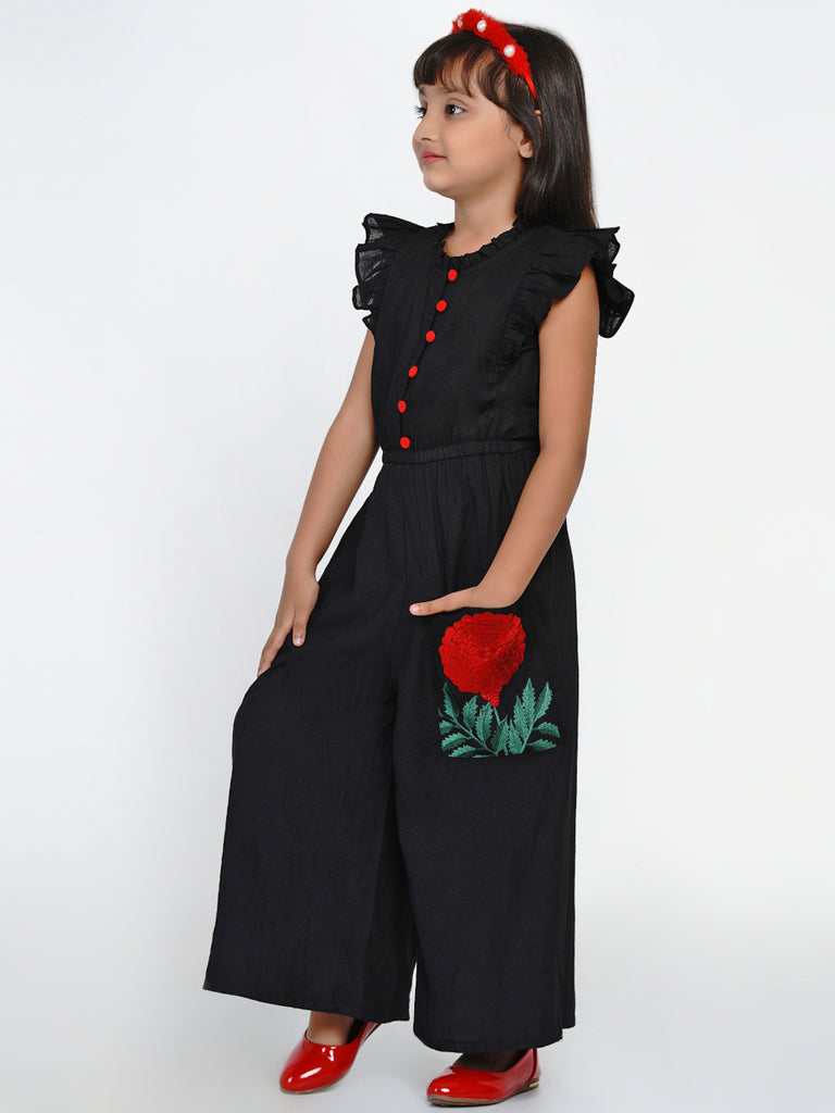 Girl's Black & Red Solid Basic Jumpsuit