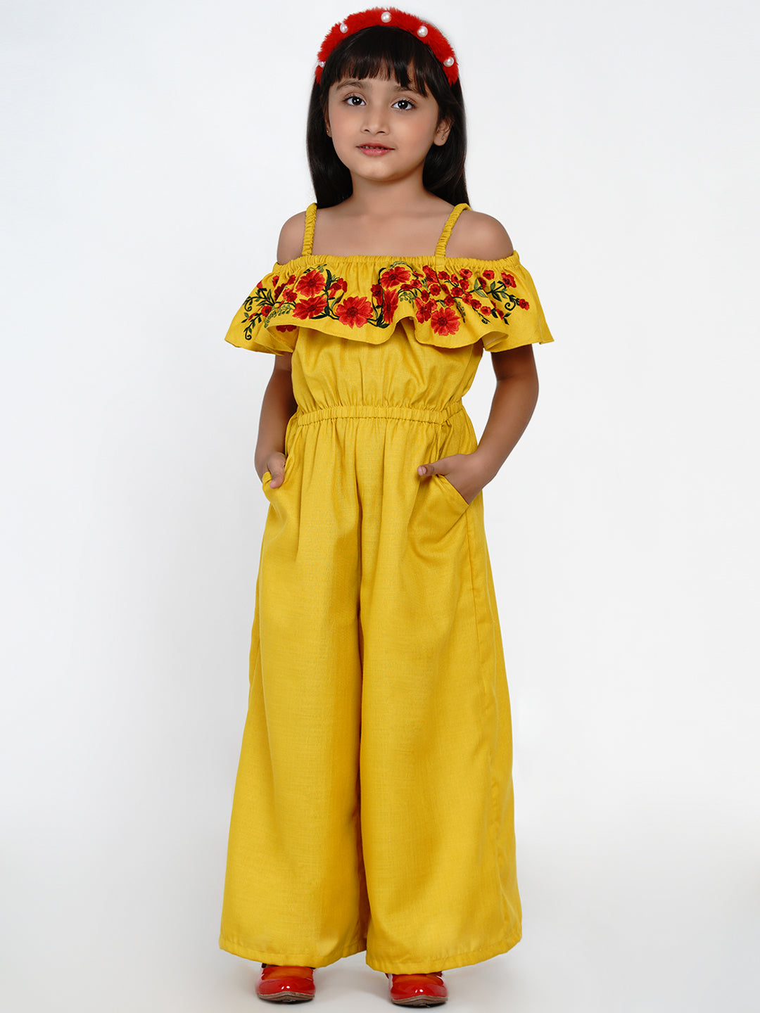 Girl's Mustard Embroidered Jumpsuit - Bitiya By Bhama