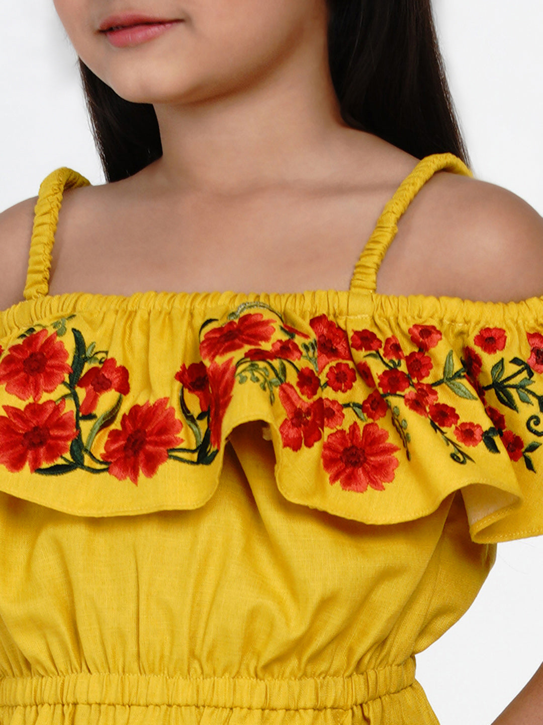 Girl's Mustard Embroidered Jumpsuit - Bitiya By Bhama