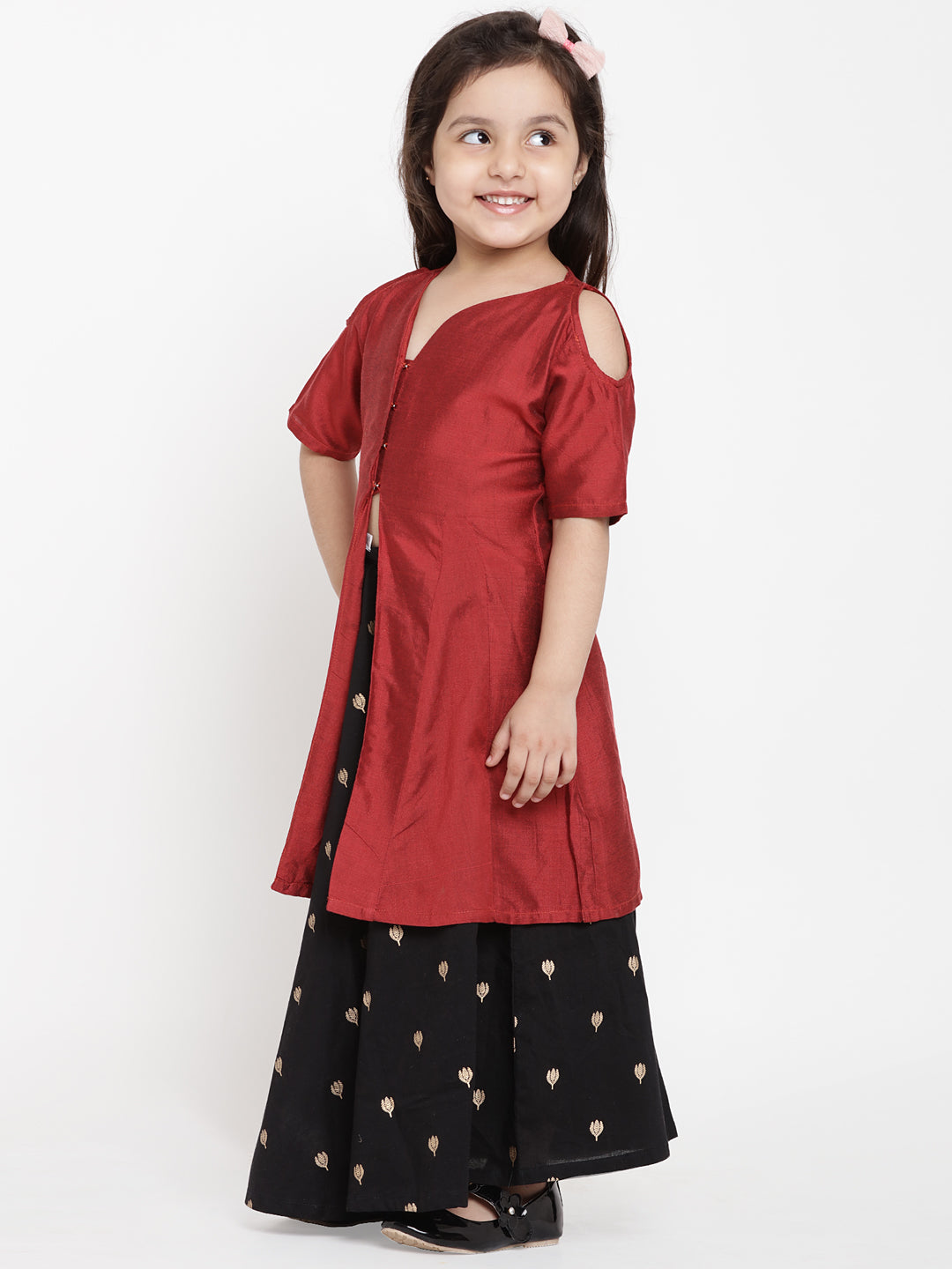 Girl's Maroon & Black Solid Top With Skirt - Bitiya By Bhama