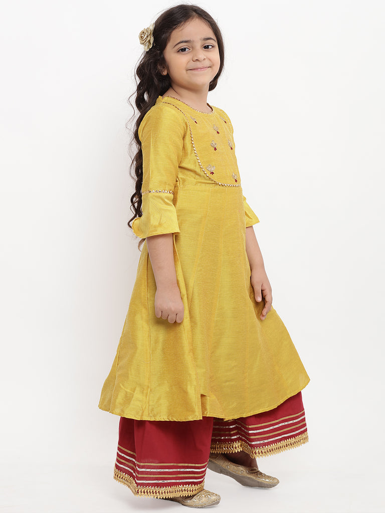 Girl's Yellow Embroidered Kurti With Skirt