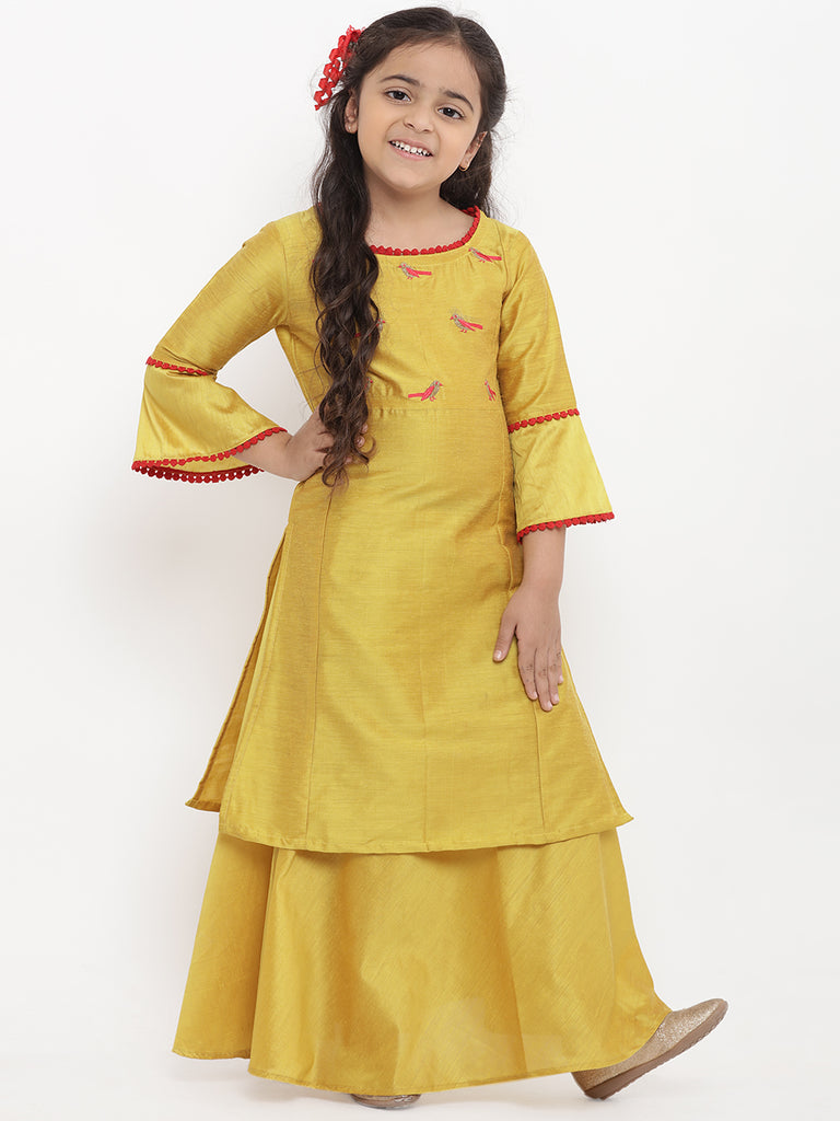Girl's Yellow Embroidered Kurti With Skirt