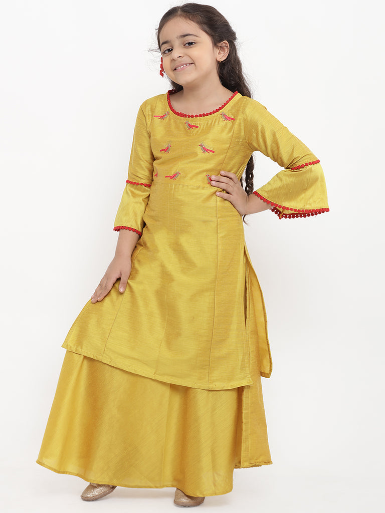 Girl's Yellow Embroidered Kurti With Skirt