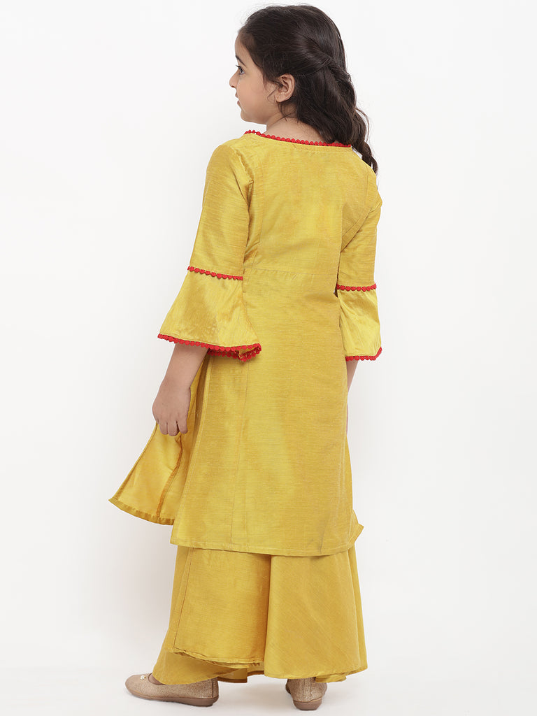 Girl's Yellow Embroidered Kurti With Skirt