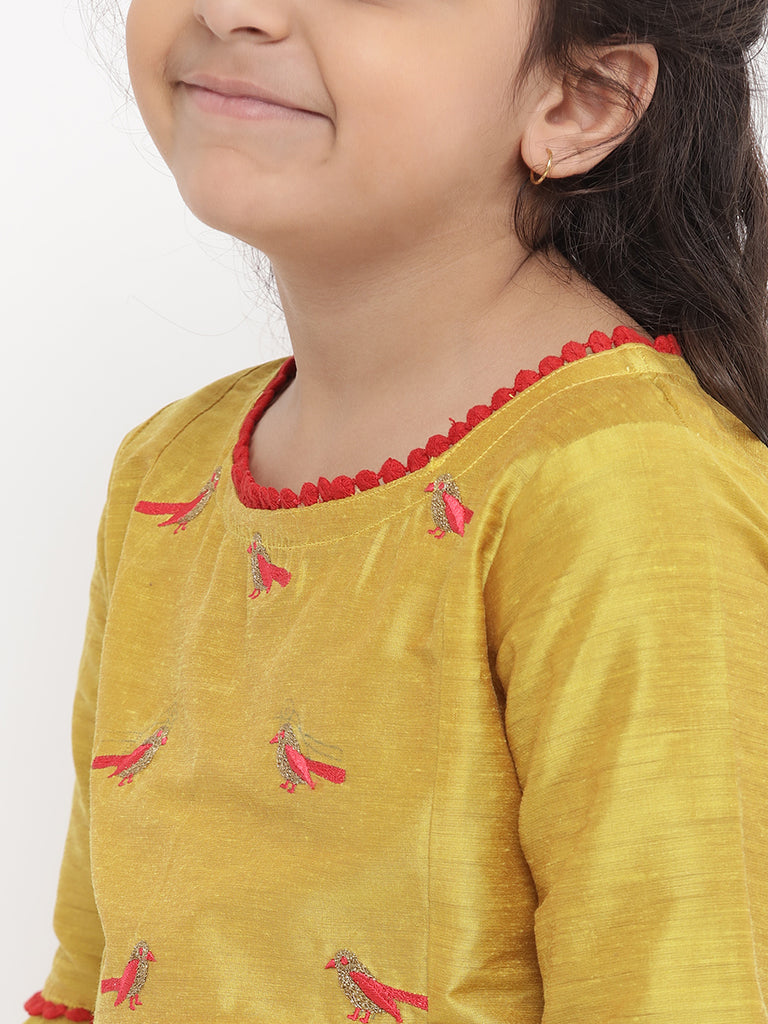 Girl's Yellow Embroidered Kurti With Skirt