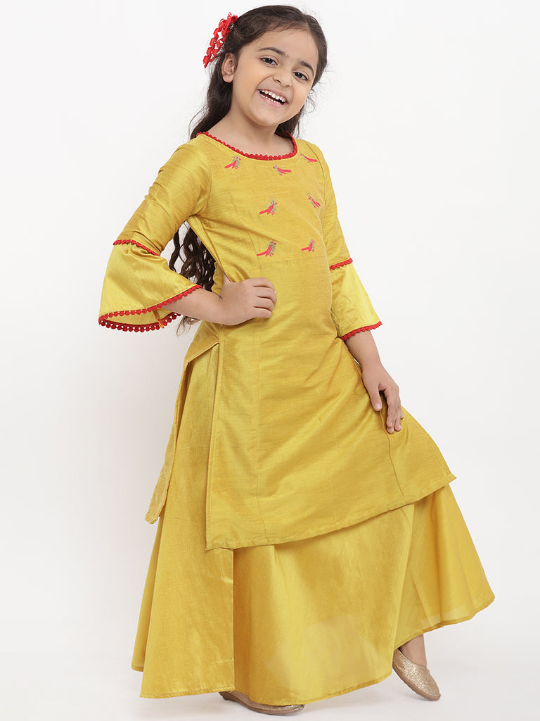 Girl's Yellow Embroidered Kurti With Skirt