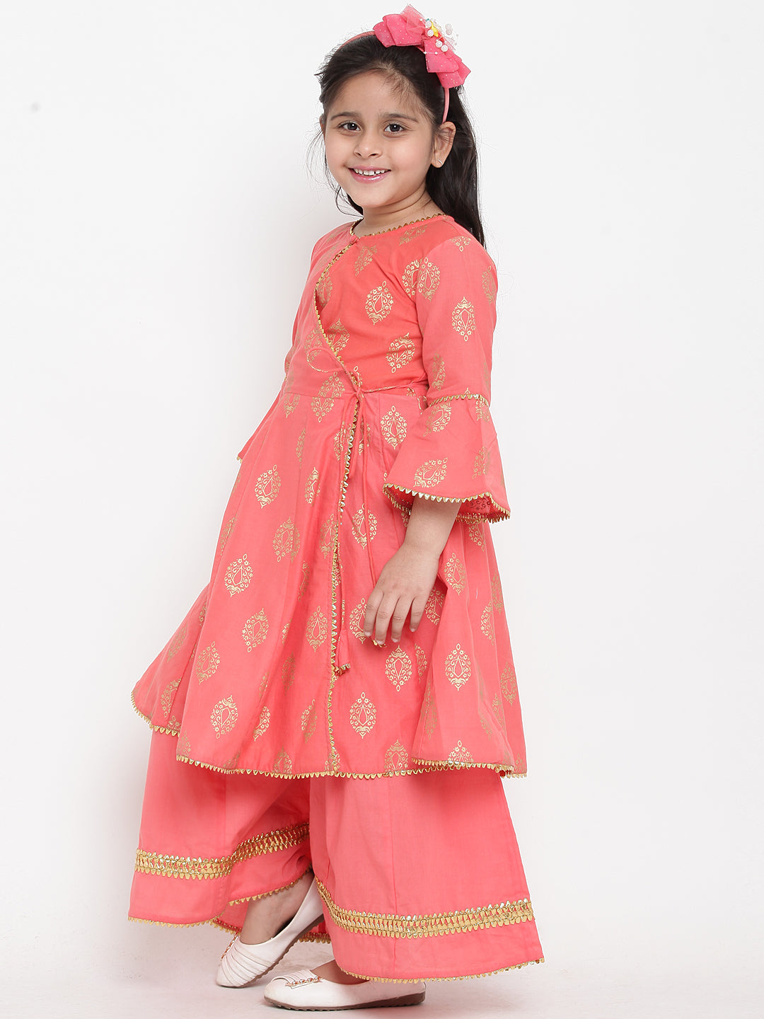 Girl's Peach-Coloured Woven Design Kurti With Palazzos - Bitiya By Bhama