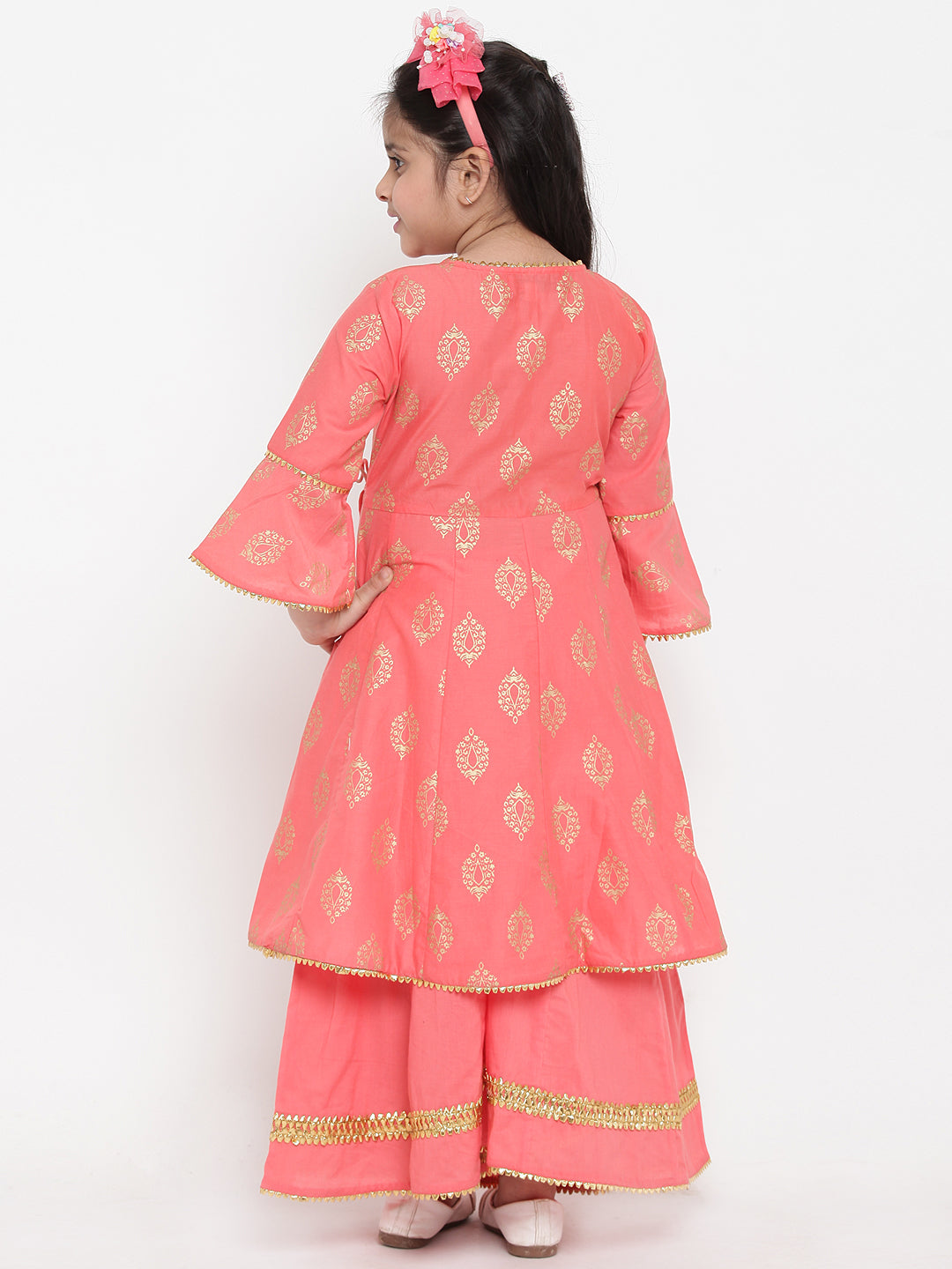 Girl's Peach-Coloured Woven Design Kurti With Palazzos - Bitiya By Bhama