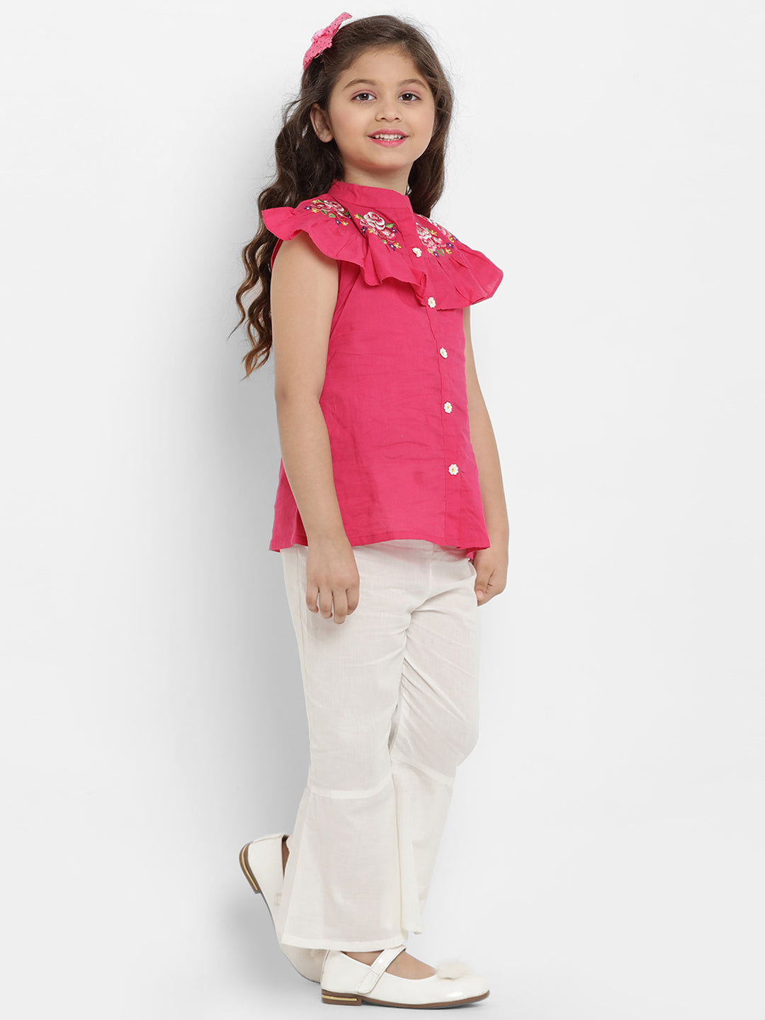 Girl's Fuchsia Pink & White Printed Top With Palazzos - Bitiya By Bhama