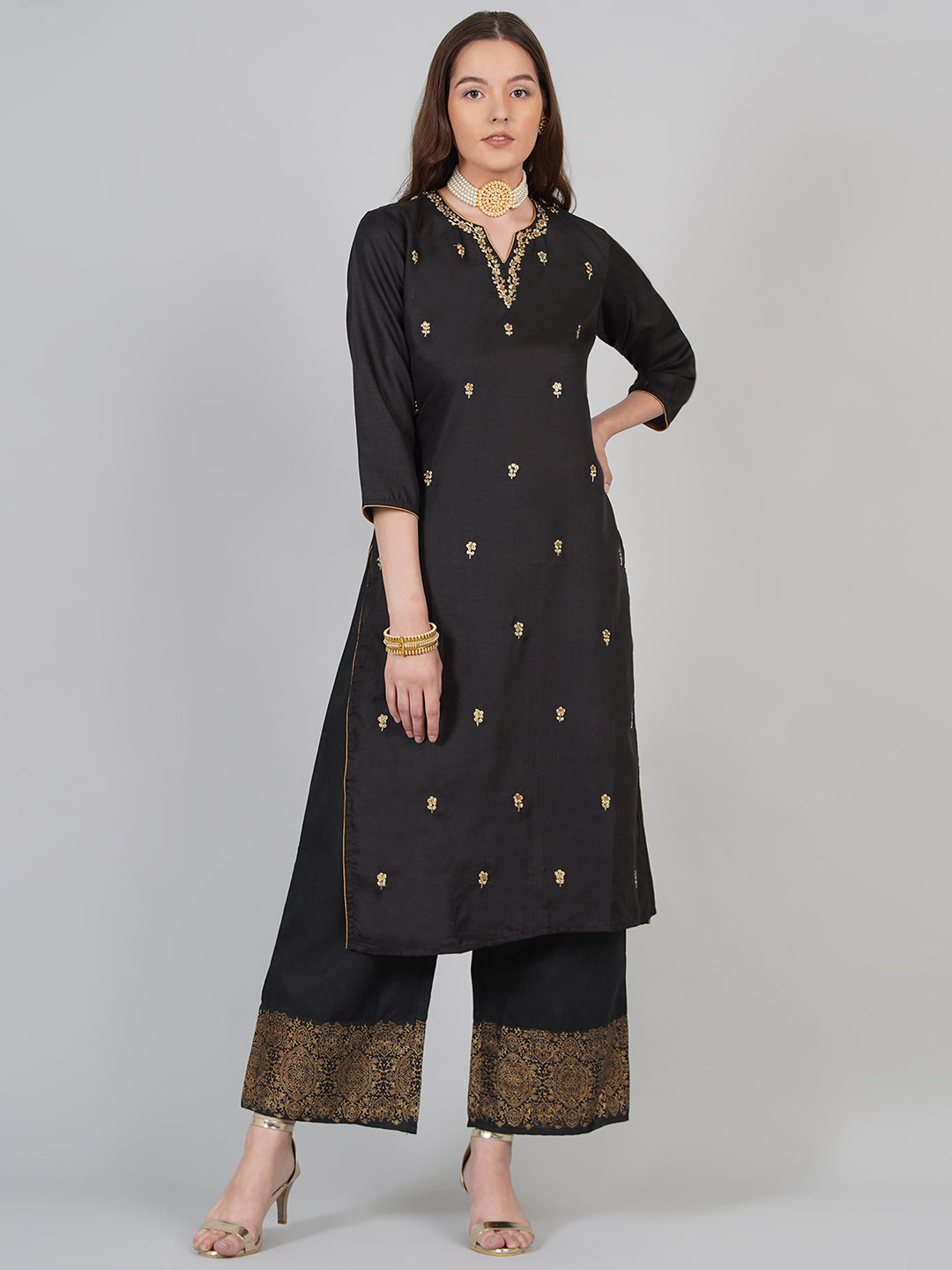 Women's Black And Beige Printed Kurta With Palazzos - Bhama Couture