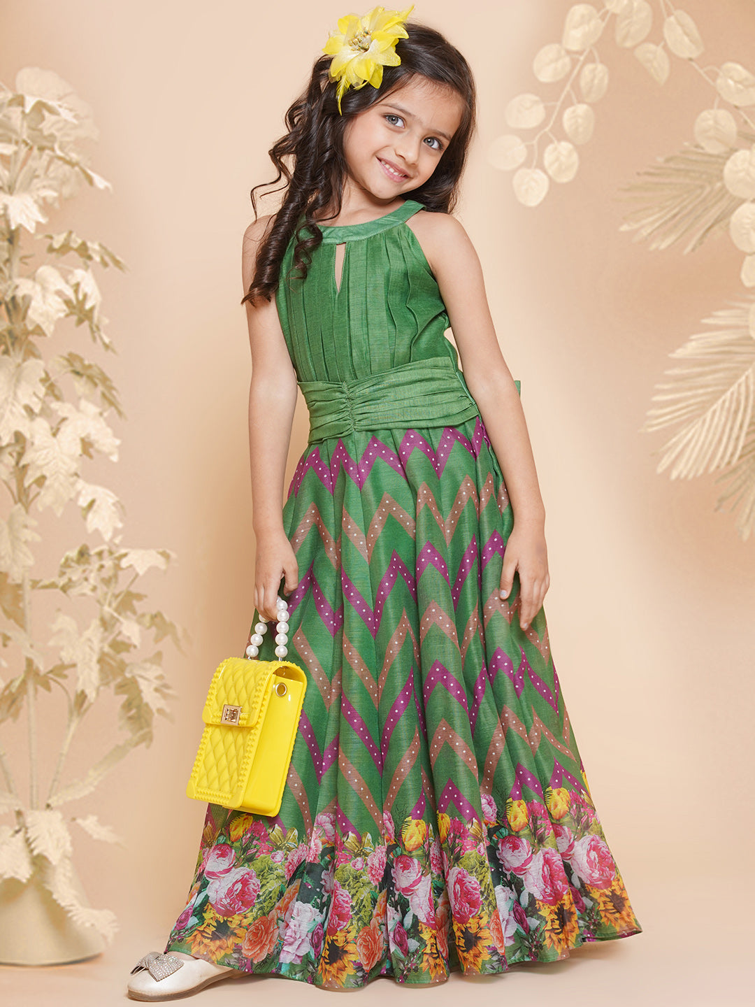 Girl's Green Zig Zag Flower Digital Printed Fit & Flared Maxi Dress. - Bitiya By Bhama