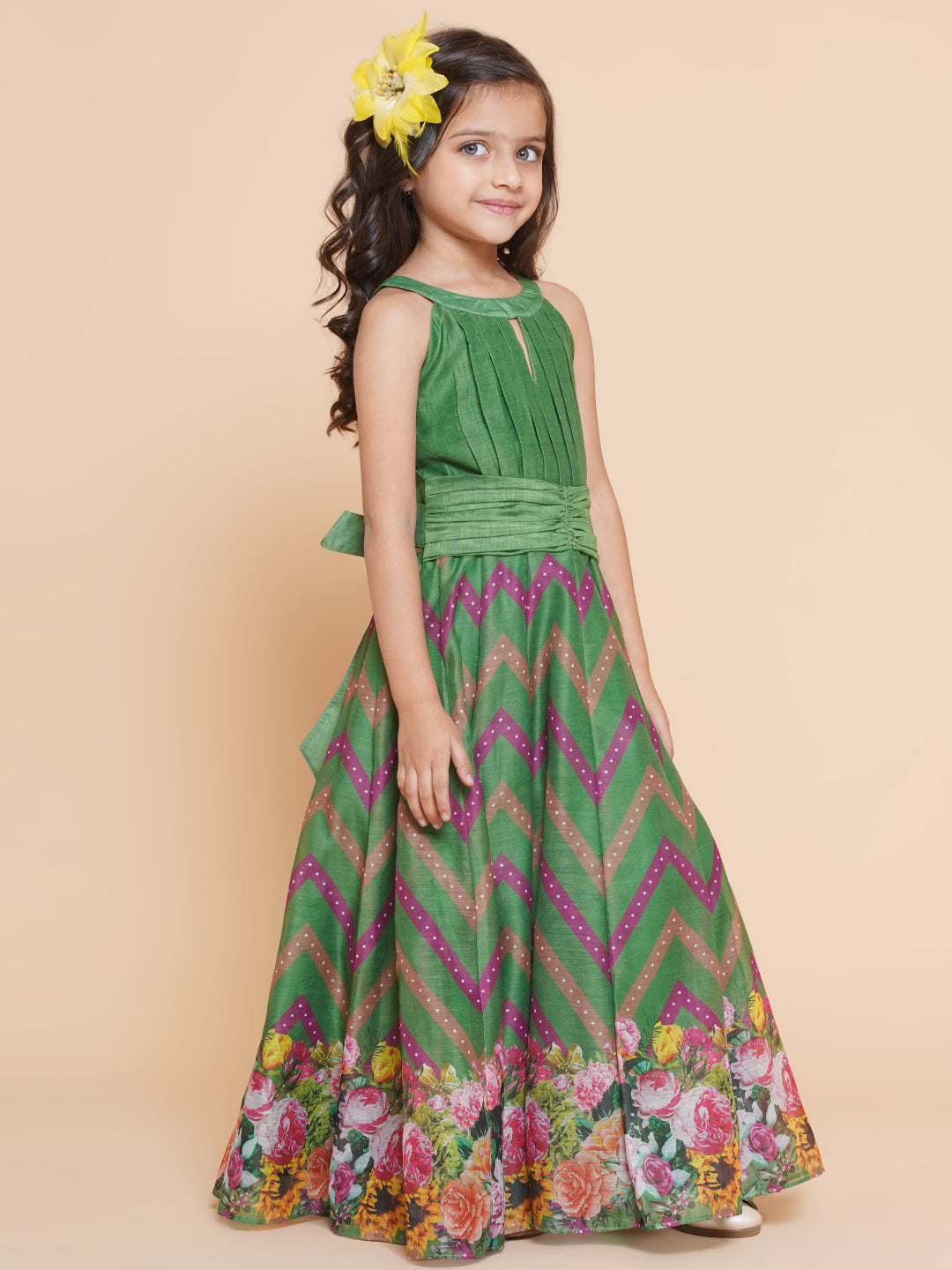 Girl's Green Zig Zag Flower Digital Printed Fit & Flared Maxi Dress. - Bitiya By Bhama